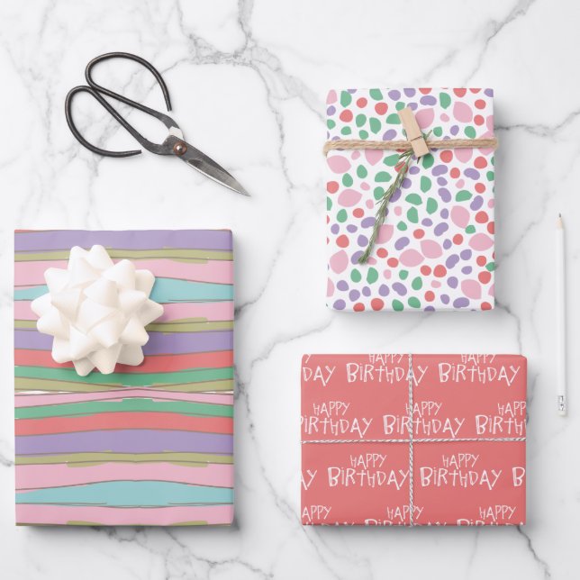 Stripes Dots and Happy Birthday Lettering Wrapping Paper Sheets (Front)