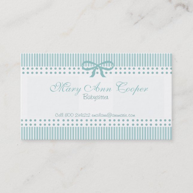 Stripes Dots Cute Babysitter Delicate Blue Bow Business Card (Front)