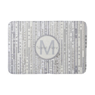 Stripes Dots Silver White Bath Decor Metallic Bathroom Mat