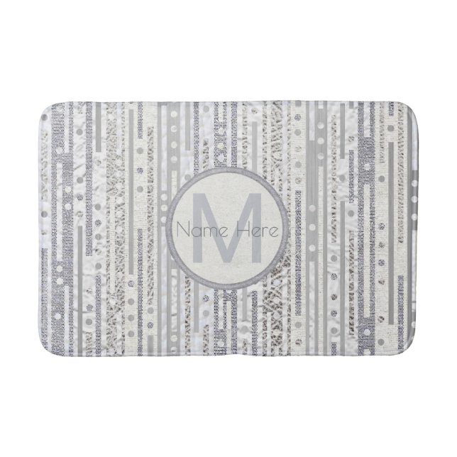 Stripes Dots Silver White Bath Decor Metallic Bathroom Mat (Front)