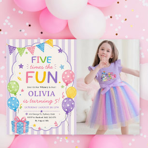 Stripes Five Times The Fun Colorful Birthday Photo Invitation