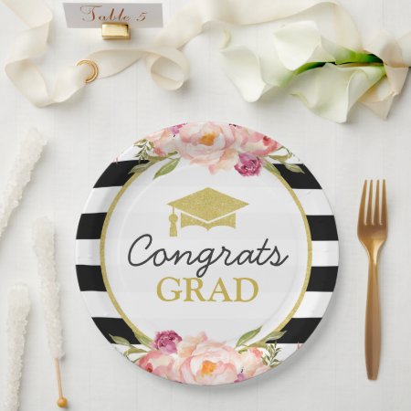 Stripes Floral Gold Congrats Grad Graduation Party Paper Plates