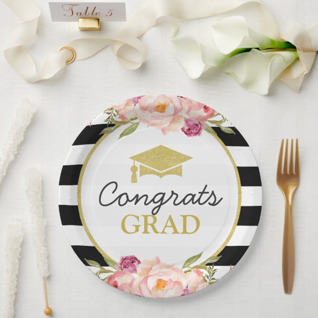 Stripes Floral Gold Congrats Grad Graduation Party Paper Plates (Wedding)