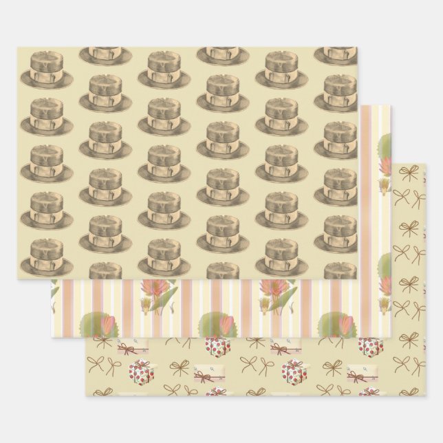 Stripes Flowers Hats Old Fashioned Wrapping Paper Sheets (Set)