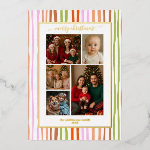 Stripes foil family Photo Christmas real Invitation