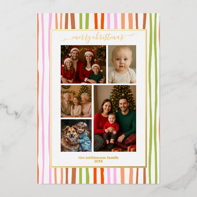 Stripes foil family Photo Christmas real Invitation (Front)