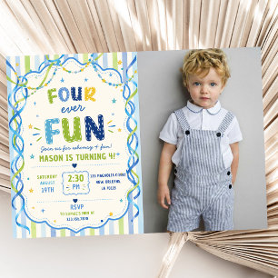 Stripes Four Ever Fun Colorful Birthday Photo Invitation