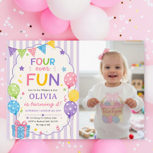 Stripes Four Ever Fun Colorful Birthday Photo Invitation