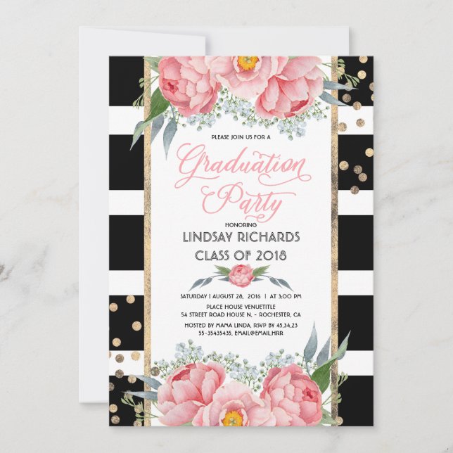 Stripes, Gold, and Pink Flowers Graduation Party Invitation (Front)