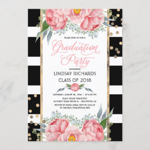Stripes, Gold, and Pink Flowers Graduation Party Invitation
