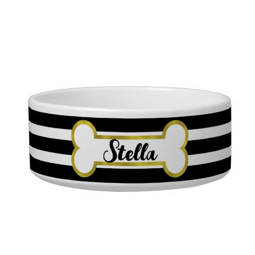 Stripes  Gold Bone Customized Pet Bowl  Black
