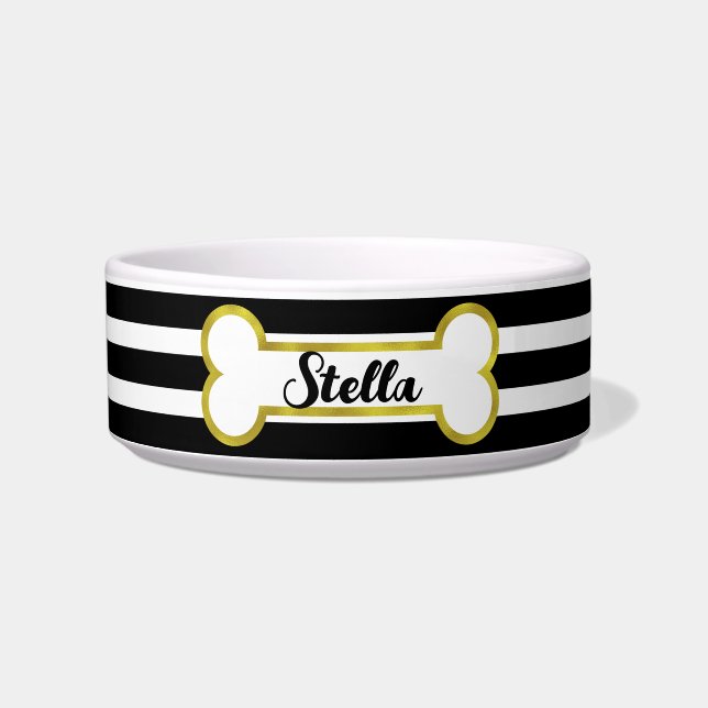 Stripes & Gold Bone Customized Pet Bowl | Black (Front)
