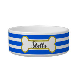 Stripes &amp; Gold Bone Customized Pet Bowl | Blue