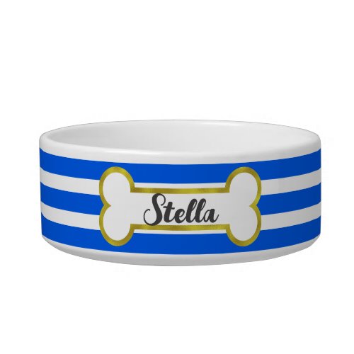 Stripes  Gold Bone Customized Pet Bowl  Blue