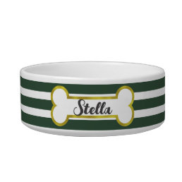 Stripes &amp; Gold Bone Customized Pet Bowl | Green