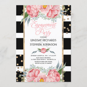 Stripes Gold Confetti Pink Floral Engagement Party Invitation