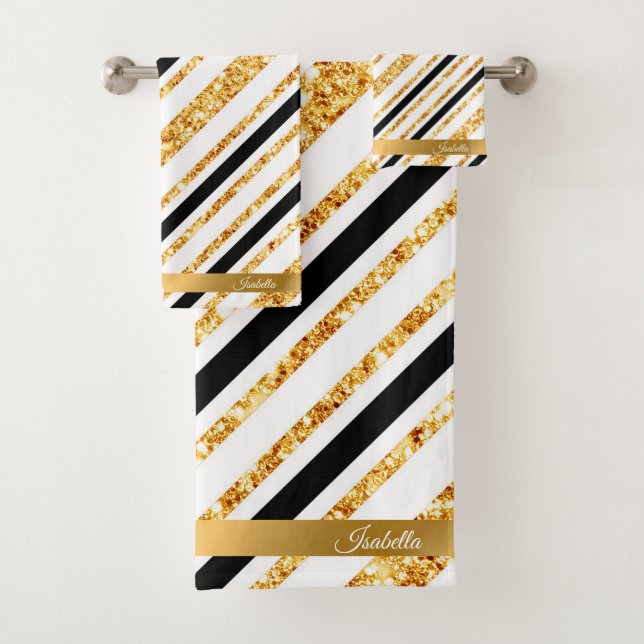 Stripes Gold Glitter Black Boho Popular Collection Bath Towel Set (Insitu)