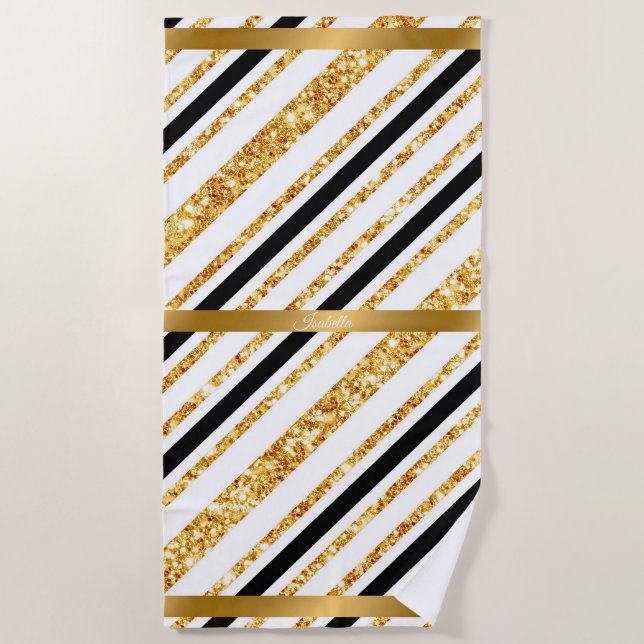 Stripes Gold Glitter Black Boho Popular Collection Beach Towel (Front)