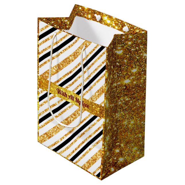 Stripes Gold Glitter Black Boho Popular Collection Medium Gift Bag (Front Angled)