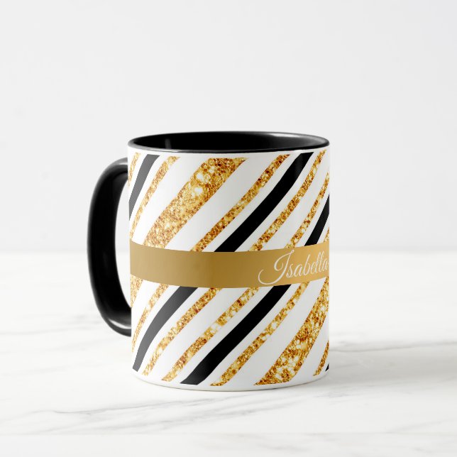 Stripes Gold Glitter Black Boho Popular Collection Mug (Front Left)