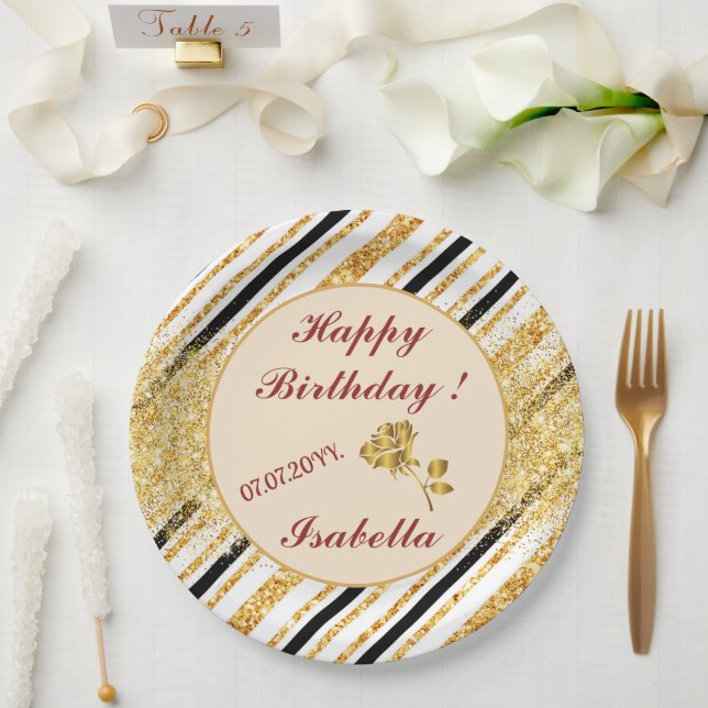 Stripes Gold Glitter Black Boho Popular Collection Paper Plates (Wedding)
