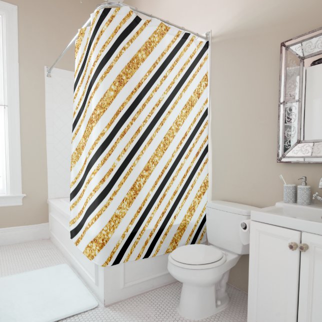 Stripes Gold Glitter Black Boho Popular Collection Shower Curtain (In Situ)