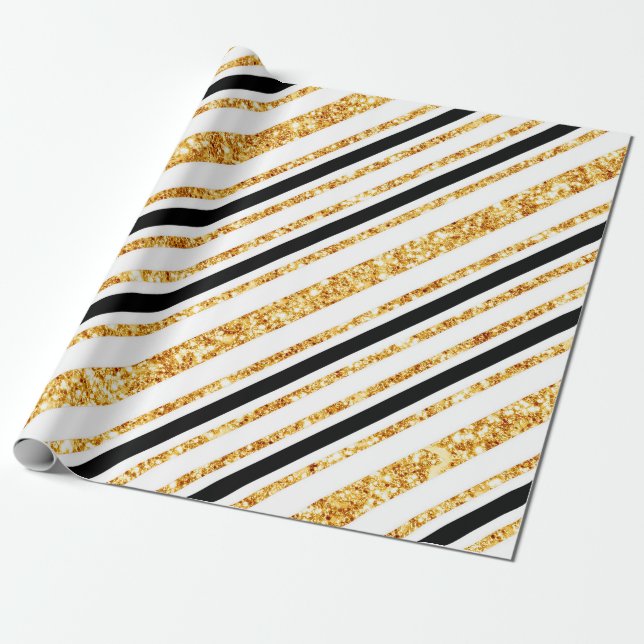 Stripes Gold Glitter Black Boho Popular Collection Wrapping Paper (Unrolled)