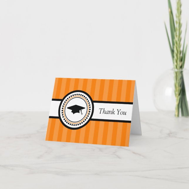 Stripes Graduation Cap Thank You Card (Orange) (Front)