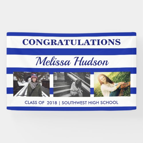 Stripes Graduation Three Photo Navy Blue White Banner