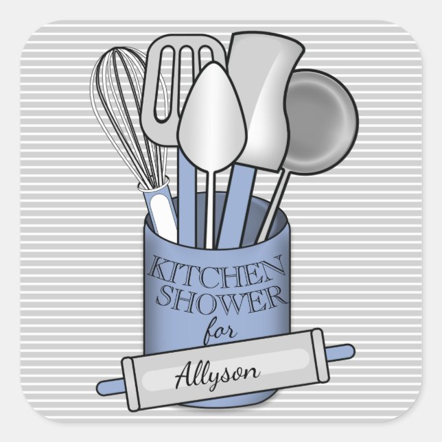 Stripes Gray White Blue Stock the Kitchen Shower Square Sticker (Front)