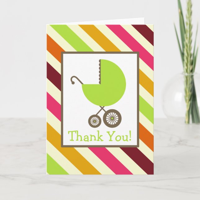 Stripes & Green Carriage Baby Shower Thank You (Front)