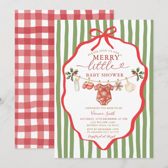 Stripes Green Clothesline Merry Little Baby Shower Invitation (Front/Back)