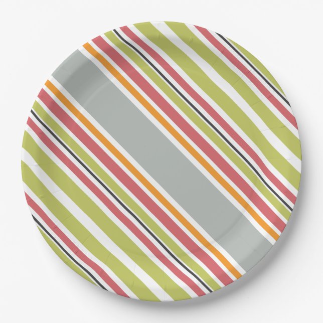 Stripes green gray orange pink paper plates (Front)