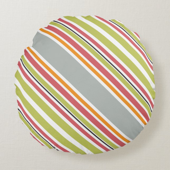 Stripes green gray orange pink round pillow (Front)
