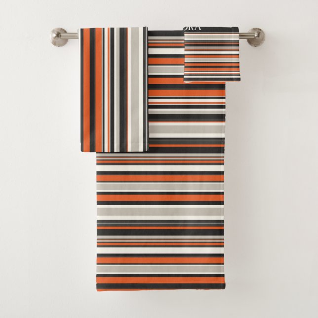 Stripes Grey Orange Minimal Pattern Bath Towel Set (Insitu)