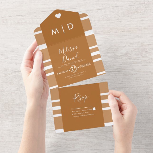 Stripes Hearts Warm Tones Wedding  All In One Invitation (Tearaway)