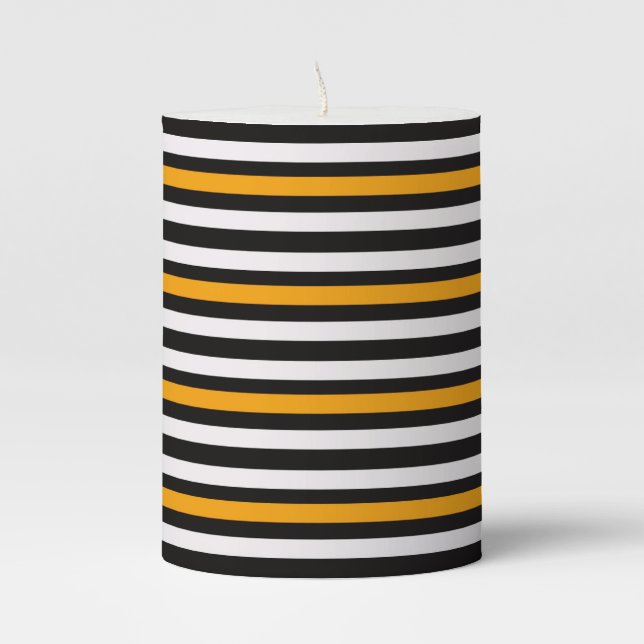 Stripes Horizontal Orange Black White Pillar Candle (Front)