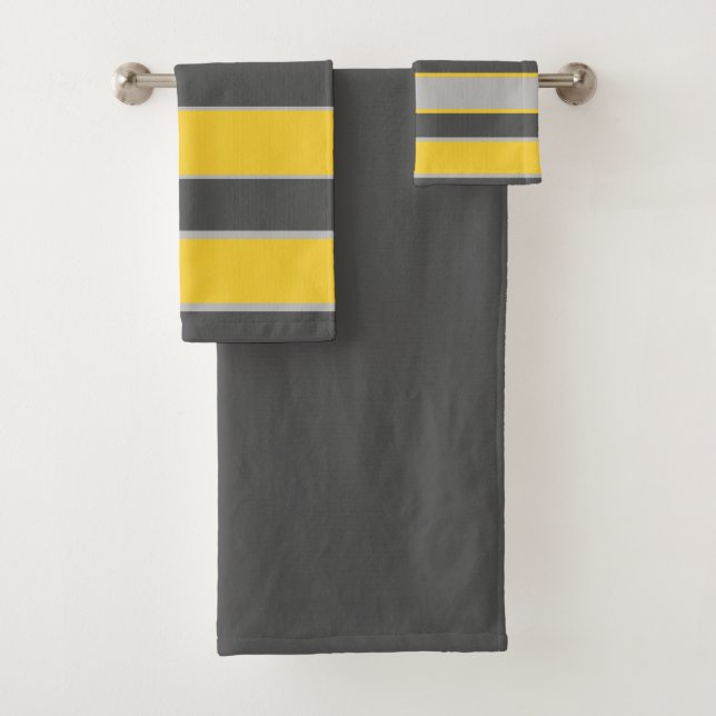 Stripes in light and dark grey, mustard yellow bath towel set (Insitu)