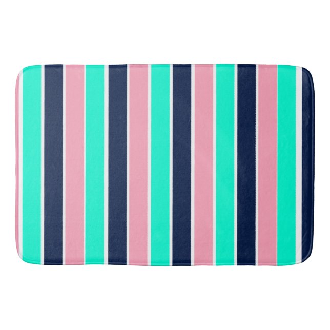 Stripes in Mint Green, Pink, and Navy Blue Bath Mat (Front)