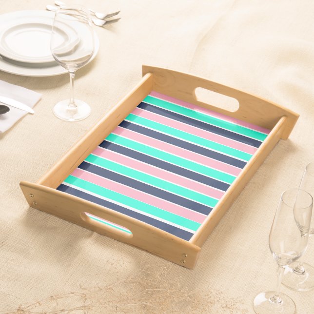 Stripes in Mint Green, Pink, and Navy Blue Serving Tray (Front)