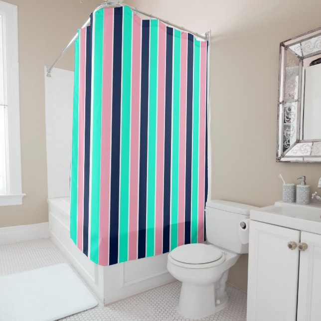 Stripes in Mint Green, Pink, and Navy Blue Shower Curtain (In Situ)
