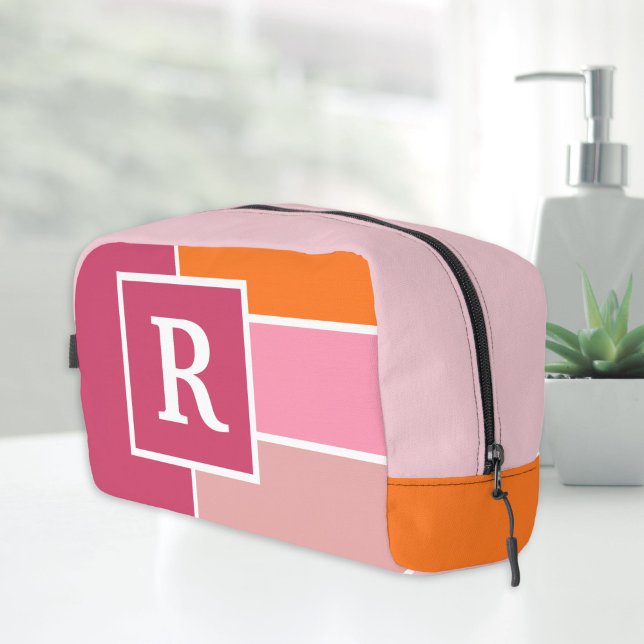 Stripes in pink, white and orange with Monogram Dopp Kit (feminine dopp kitt. Pink cosmetic bag with monogram)