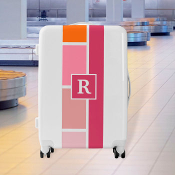 Stripes In Pink  White And Orange With Monogram Luggage by sweetandpretty at Zazzle