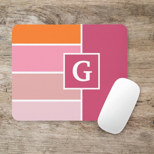 Stripes in pink white and orange with Monogram Mouse Pad