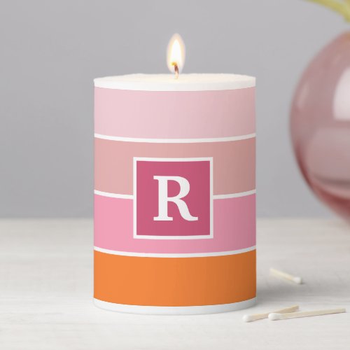 Stripes in pink white and orange with Monogram Pillar Candle