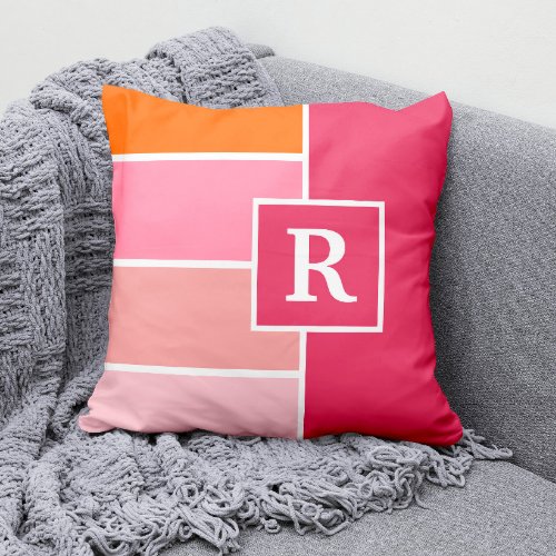 Stripes in pink white and orange with Monogram Throw Pillow