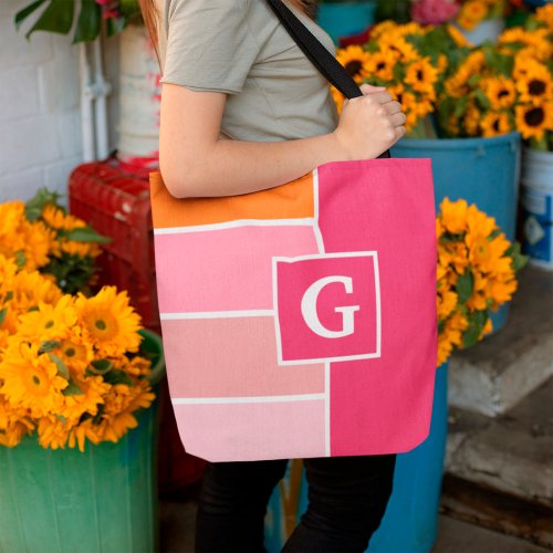 Stripes in pink white and orange with Monogram Tote Bag