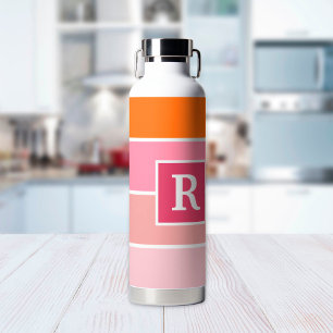 Stripes in pink, white and orange with Monogram  Water Bottle