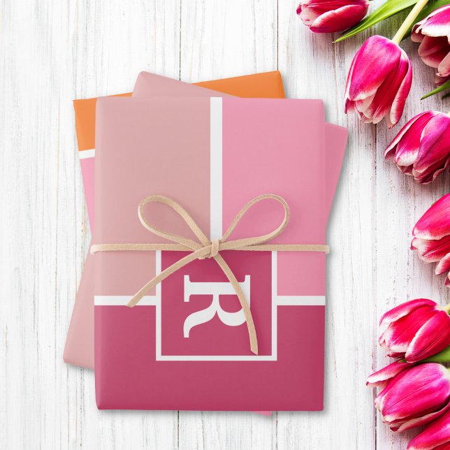 Stripes in pink, white and orange with Monogram  Wrapping Paper Sheets (Creator Uploaded)
