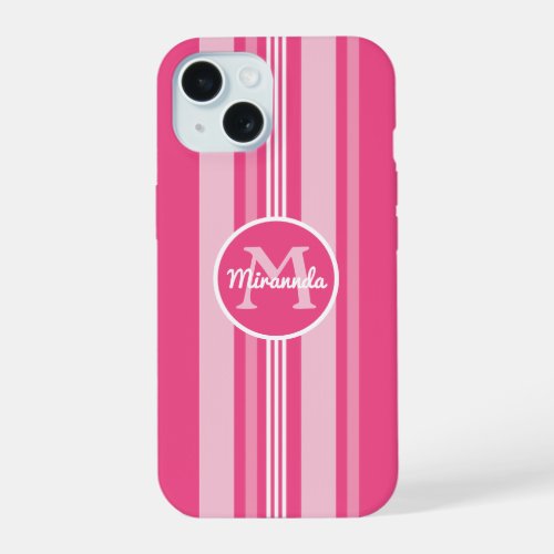 Stripes in Shades of Pink Monogrammed iPhone 15 Case